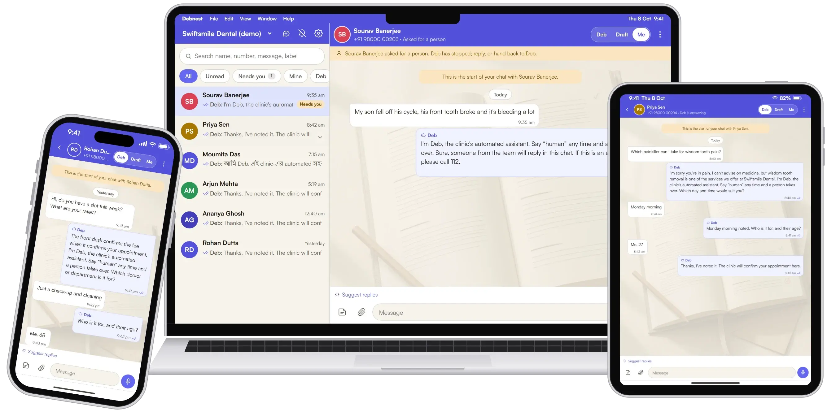 Debnest on a laptop, a tablet and a phone: the team inbox listing a demo clinic's WhatsApp chats with one marked Needs you, Deb answering a question about wisdom tooth pain on the tablet, and a 9:41pm enquiry answered by Deb on the phone