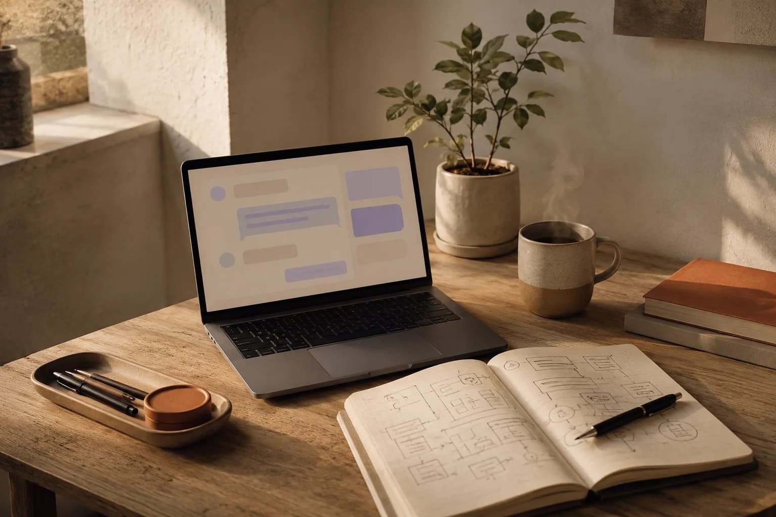 The DebugSwift desk: a laptop showing a chat conversation beside a notebook of hand-drawn flow diagrams