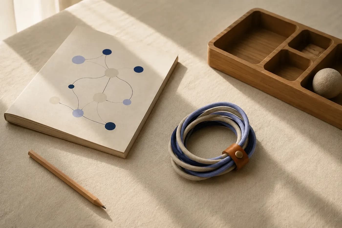 Loose indigo and cream cables braided into one neat cord, beside a notebook sketch of connected nodes