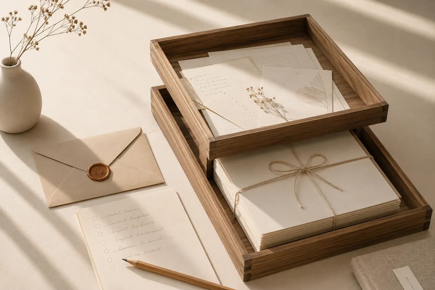 Stacked wooden desk trays — loose letters sorted in the top one, a finished bundle tied with twine below — an intake system, not a pile