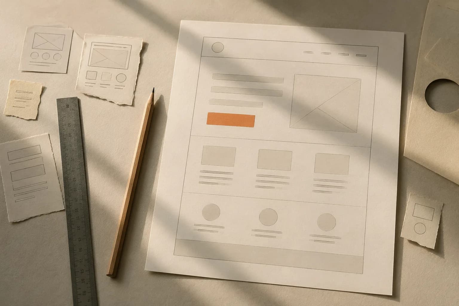 A hand-drawn website wireframe on paper with one clay call-to-action, pencil and ruler beside it