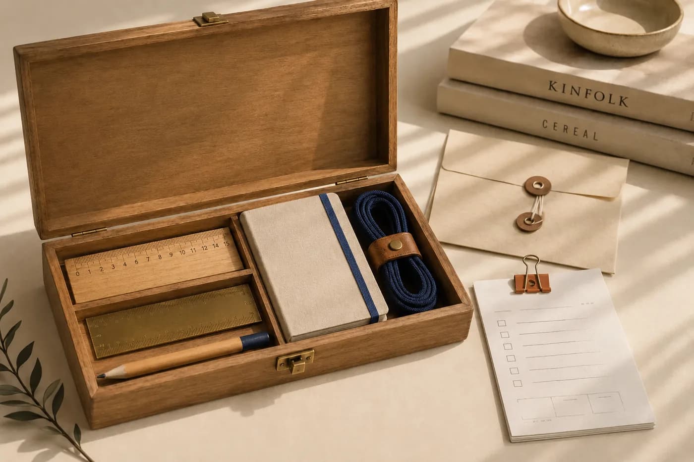 A wooden kit box laid out with a ruler, notebook, pencil and coiled strap, beside a clipped checklist of the work