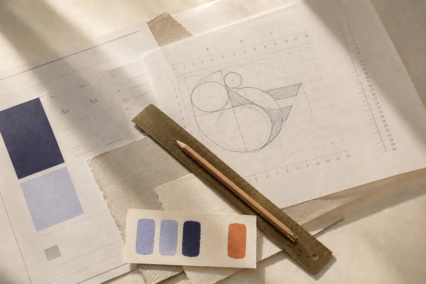 A design-system worksheet: indigo palette swatches, type samples, and a pencil logo-construction grid