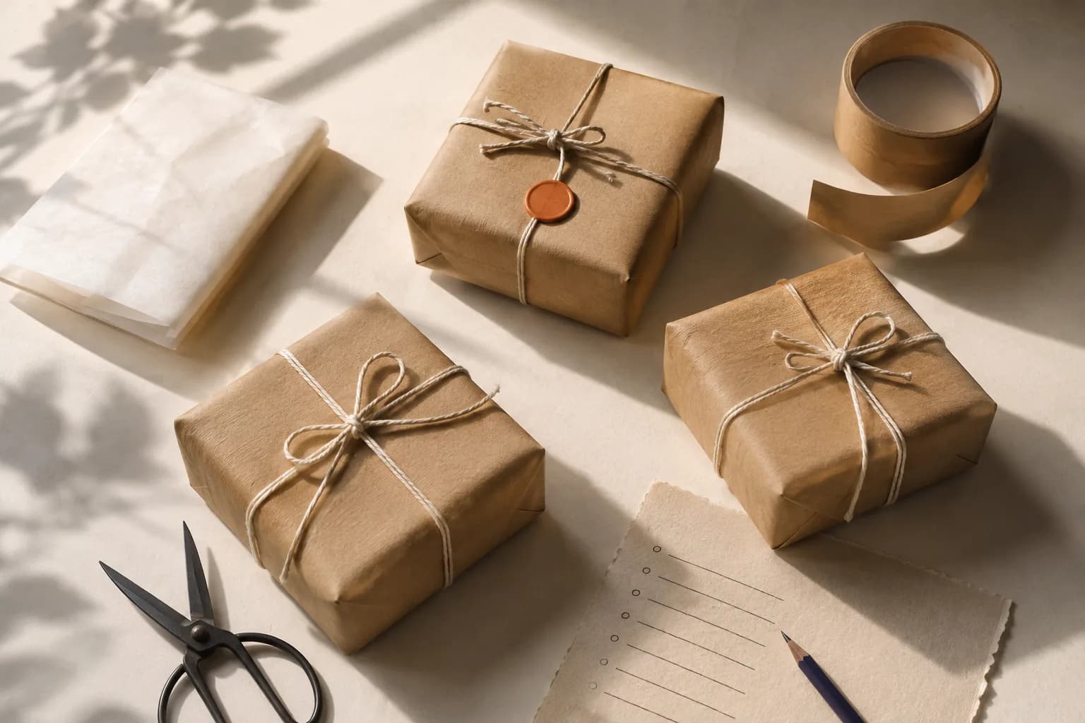 Kraft parcels tied with string, one sealed with a clay wax stamp — orders packed and ready