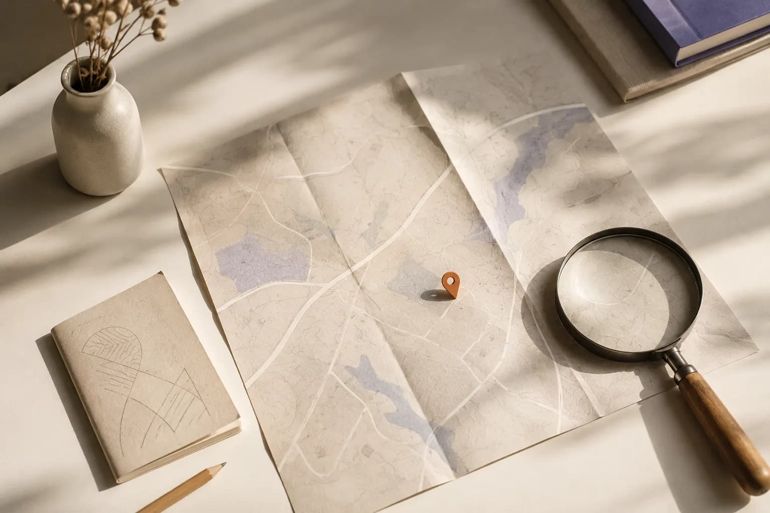 A paper map with a single clay location pin and a magnifying glass resting beside it