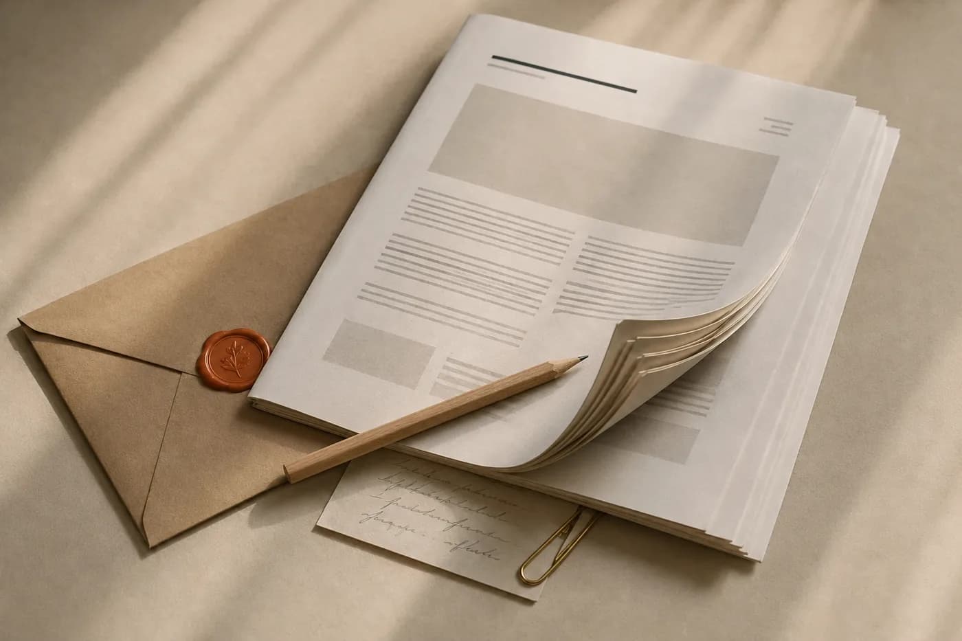 A one-page verdict on paper beside a kraft envelope sealed with clay wax, a fountain pen resting on top