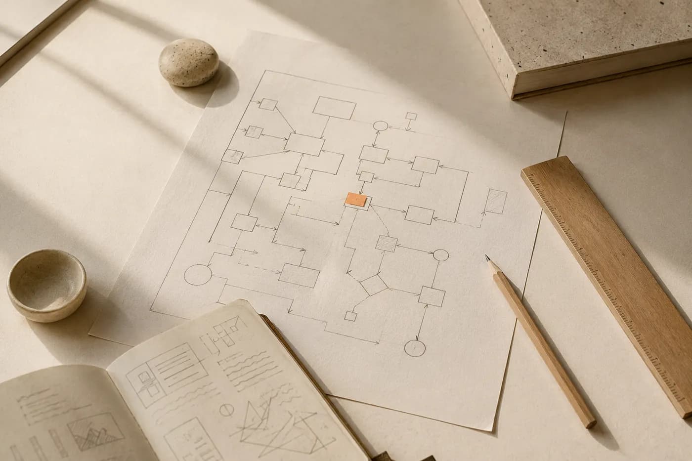 A hand-drawn process flowchart on paper, with steps boxed and arrows connecting them
