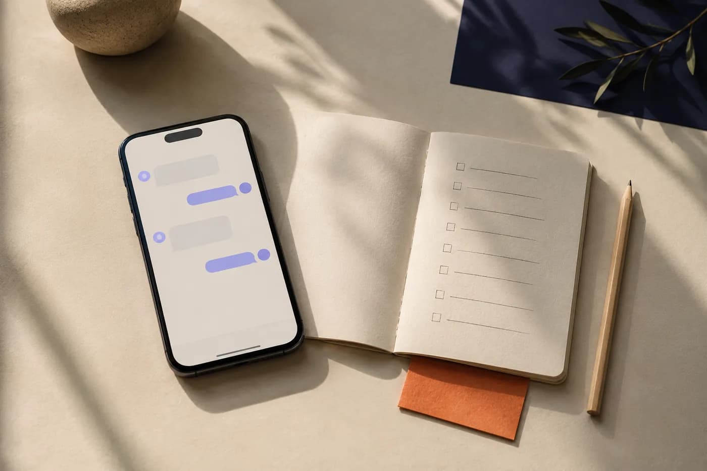 A phone showing a WhatsApp enquiry thread, resting on a handwritten checklist of jobs to reply to